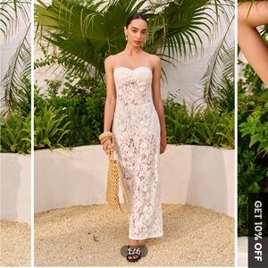 Commense Sheer Jacquard Floral Lace Panel Strapless Dress